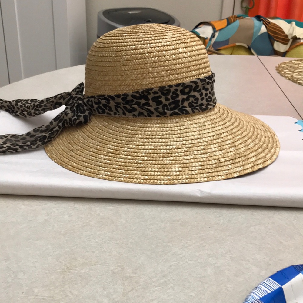 Straw Sun Hat with Leopard Print Tie - Natural